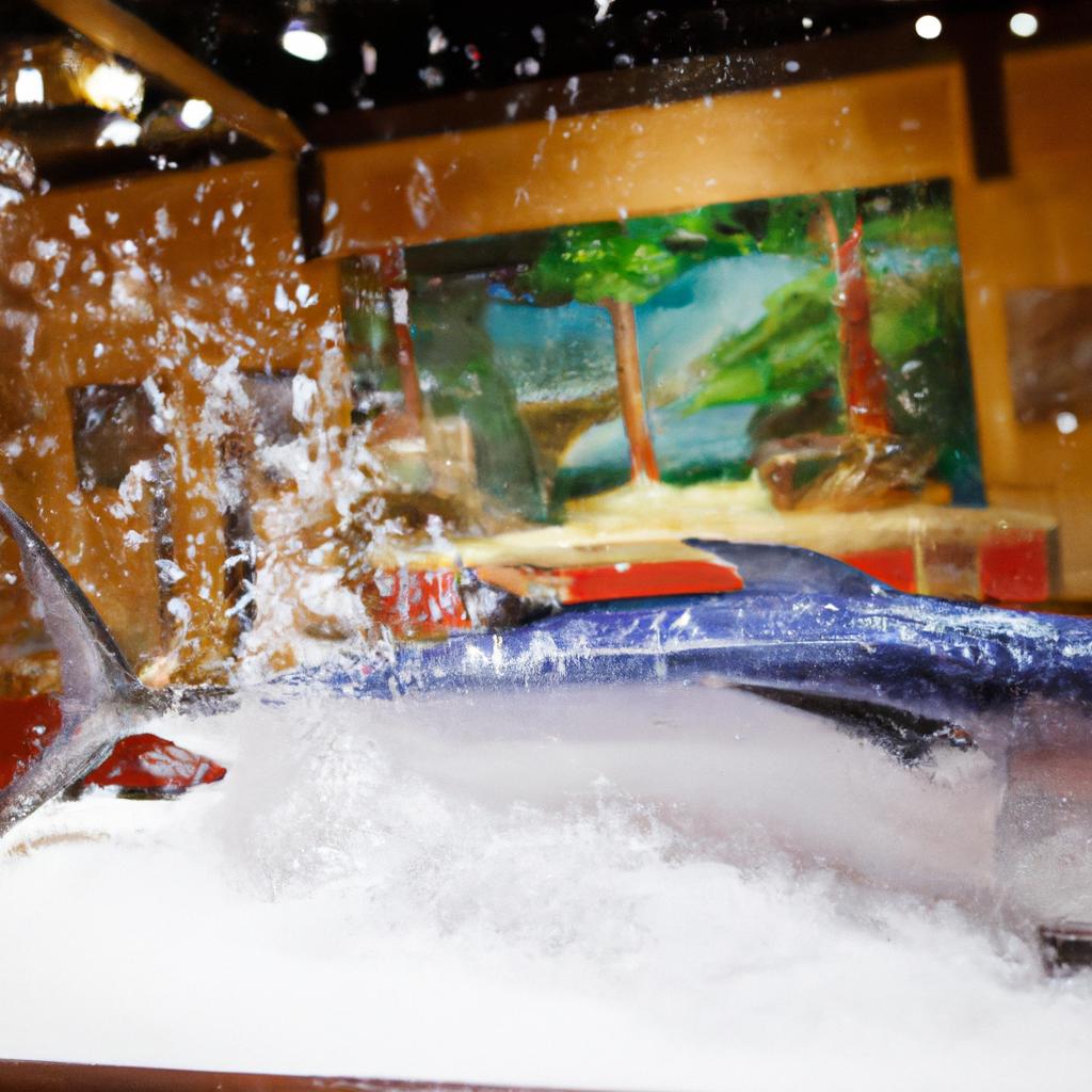 マグロ解体ショーで宴席を盛り上げる