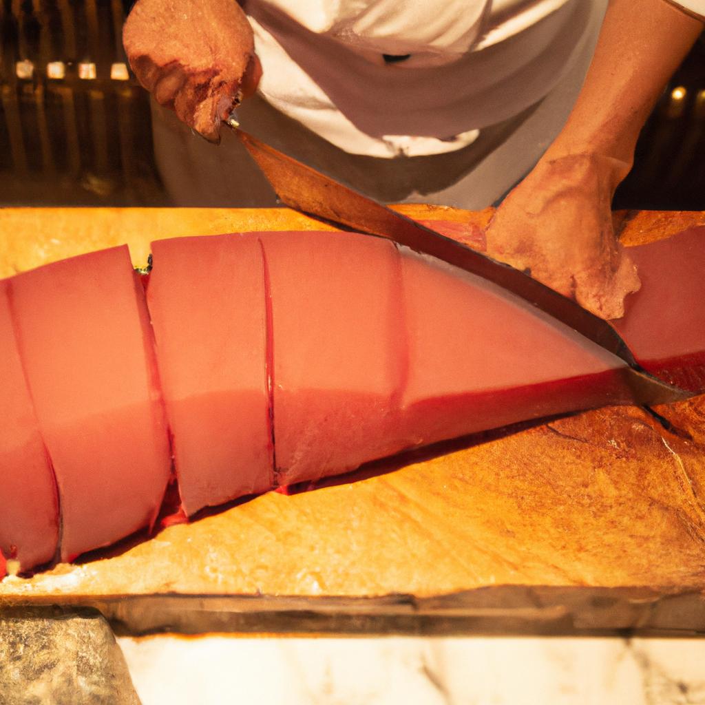 宴会を盛り上げるマグロの解体ショー