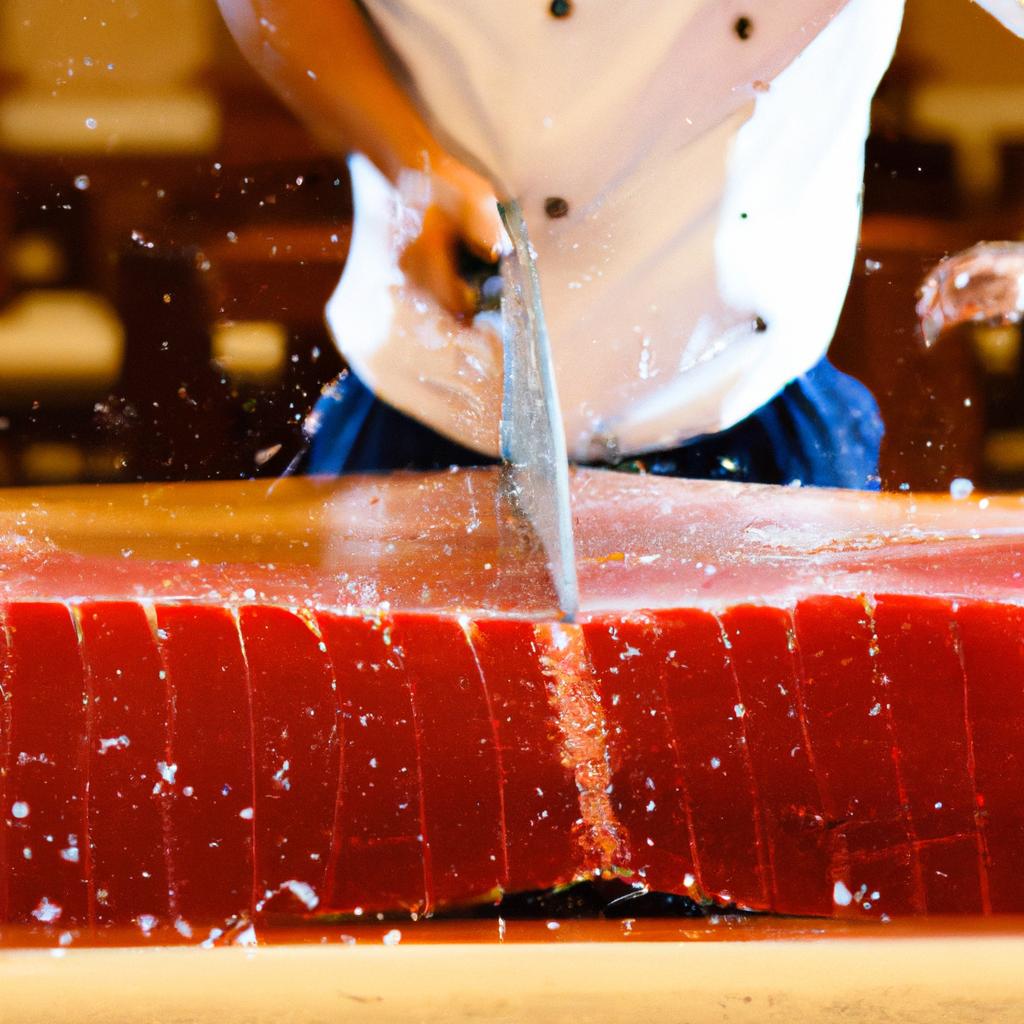マグロの解体ショーで盛り上がる