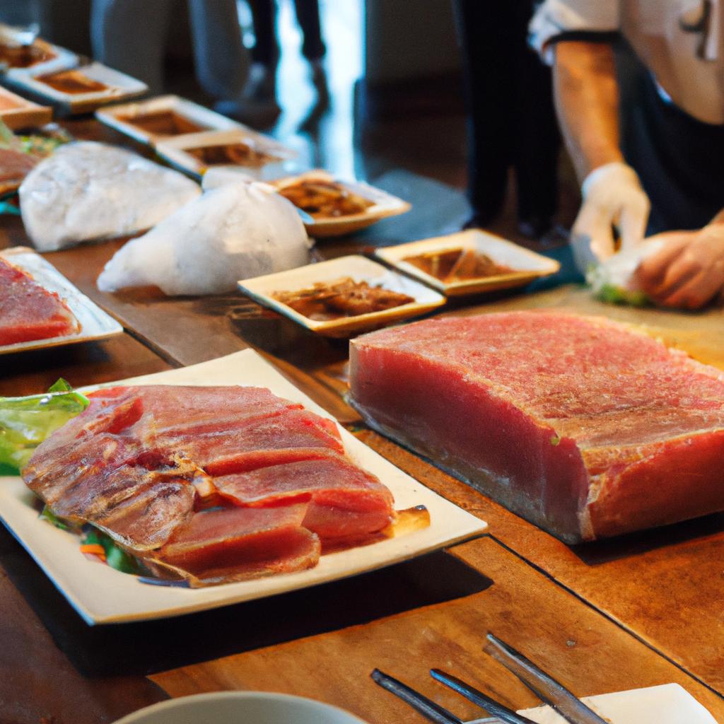 マグロの解体ショーで盛り上がる宴会